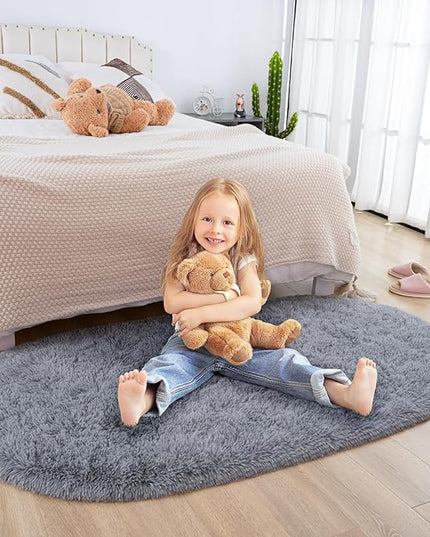 Merelax Soft Shaggy Rug for Kids Bedroom, Oval 2.6 x5.3 ft Grey Plush Fluffy Carpets for Living Room, Furry Carpet for Teen Girls Room, Anti-skid Fuzzy Comfy Rug for Nursery Decor Cute Baby Play Mat - LeafyLoom