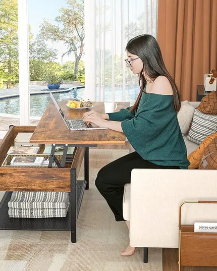 Homieasy Coffee Table, Lift Top Coffee Table with Storage Shelf and Hidden Compartment, Modern Lift Top Table for Living Room, Wood Lift Tabletop, Metal Frame - Rustic Brown - LeafyLoom