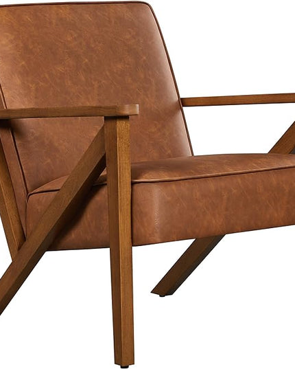 Yaheetech Accent Chair Faux Leather Armchair Lounge Chair with Wood Frame, Modern Retro Lounge Chair for Living Room/Office/Reception Area, Light Brown - LeafyLoom