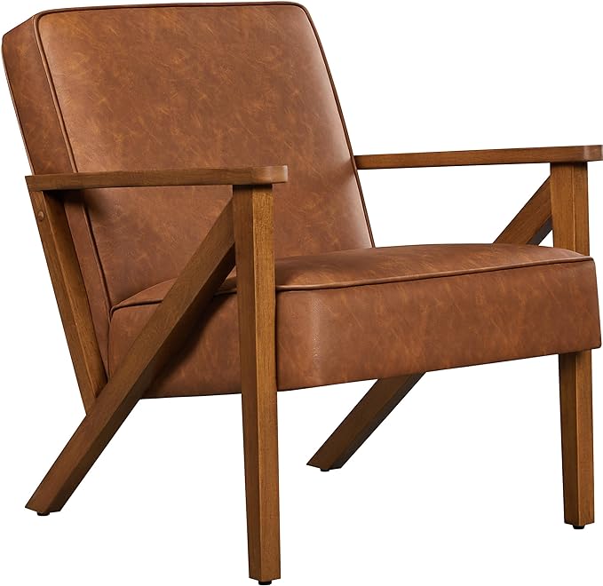 Yaheetech Accent Chair Faux Leather Armchair Lounge Chair with Wood Frame, Modern Retro Lounge Chair for Living Room/Office/Reception Area, Light Brown - LeafyLoom