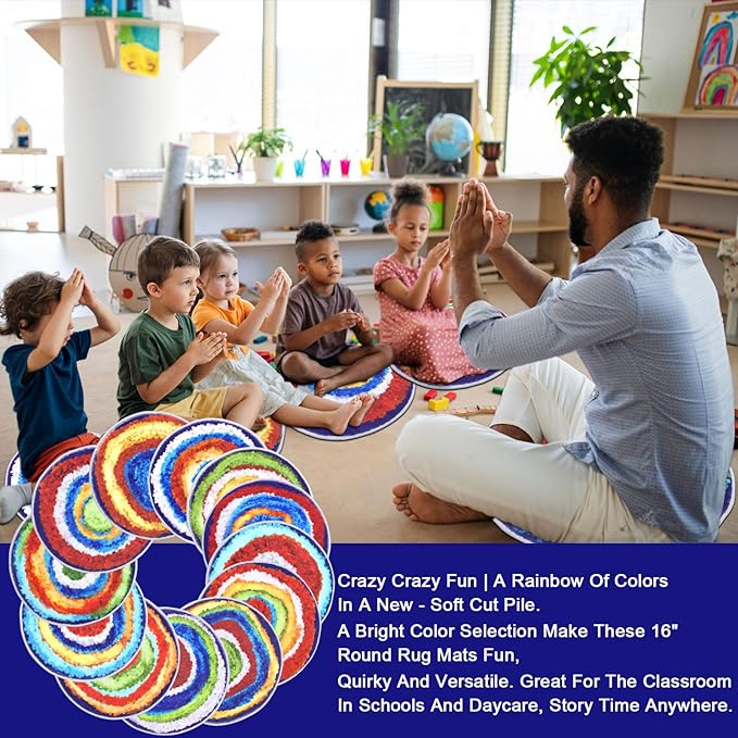 HiiARug Carpet Circles Kids Rug 16" Rainbow Crazy Carpet Circle Seats Pre-School Classroom Accessories 12pcs Round Carpet Seats Group Activity Spots Marker for Classroom Kindergarden Playroom - LeafyLoom