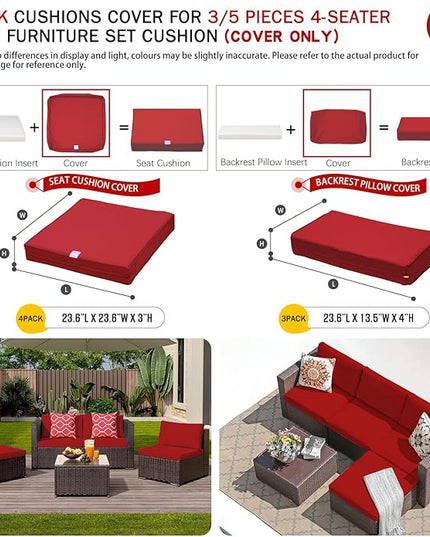 ClawsCover 7Pack Outdoor Seat and Back Cushions Replacement Covers Fit for 3/5 Pieces 4-Seater Wicker Rattan Patio Furniture Conversation Set Sectional Couch,Red-Small (Include Cover Only) - LeafyLoom
