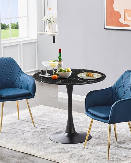 Round Dining Table Black Faux Marble Kitchen Dining Table 31.5" Modern Mid-Century Leisure Tulip Table with Pedestal Base for Dining Room 2 to 4 Person - LeafyLoom