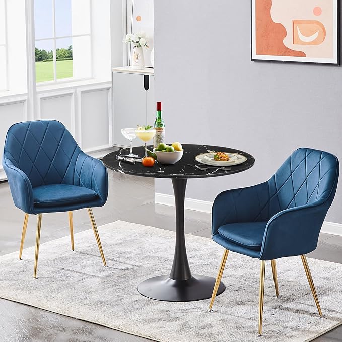Round Dining Table Black Faux Marble Kitchen Dining Table 31.5" Modern Mid-Century Leisure Tulip Table with Pedestal Base for Dining Room 2 to 4 Person - LeafyLoom