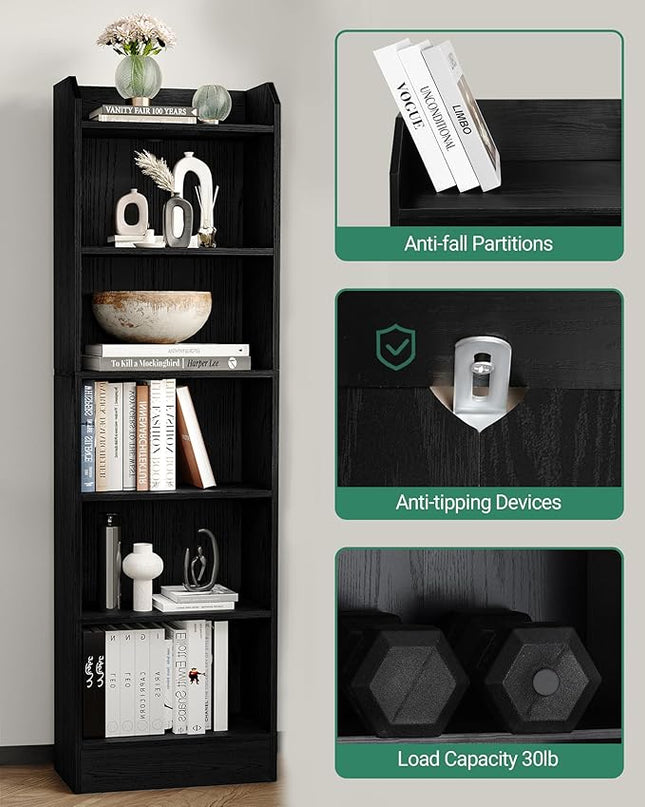 6-Tier Bookshelf, 66.7 Inches Floor Standing Bookcase, Display Storage Shelf, Corner Shelf, Home Decor Furniture for Home Office, Living Room, Bedroom, Black 02904XBC - LeafyLoom