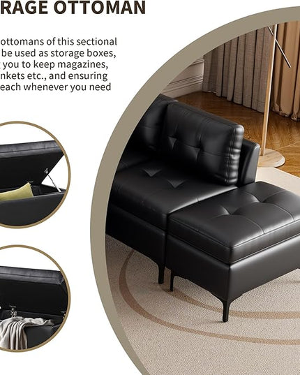 94.88" PU Leather L Shaped Sofa with Reversible Chaise Lounge, Storage Ottoman, Button Tufted Backrest&Cushion, 6-Seater Upholstered Corner Sectional Couches for Living Room Office Apartment - LeafyLoom