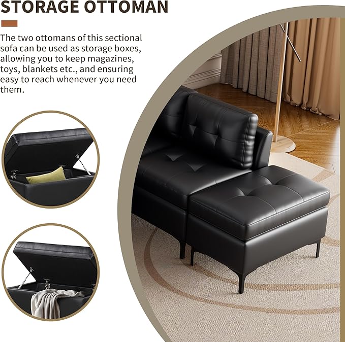 94.88" PU Leather L Shaped Sofa with Reversible Chaise Lounge, Storage Ottoman, Button Tufted Backrest&Cushion, 6-Seater Upholstered Corner Sectional Couches for Living Room Office Apartment - LeafyLoom