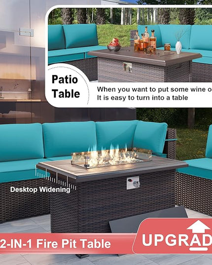 Patio Furniture Set with Fire Pit Table 15 PCS Outdoor Sectional Furniture Outdoor Rattan Patio Conversation Sets with 43in 55,000 BTU Propane Gas Fire Pit Table Glass Table, Blue - LeafyLoom