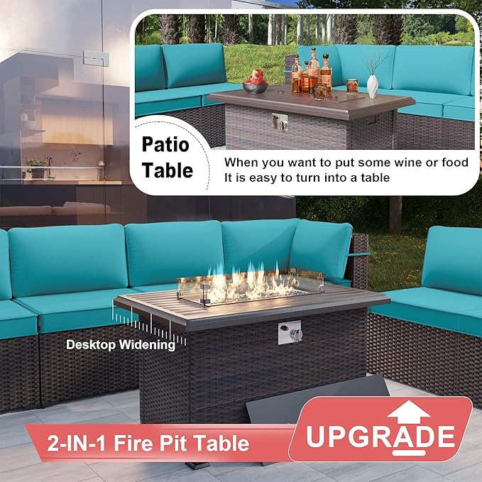 Patio Furniture Set with Fire Pit Table 15 PCS Outdoor Sectional Furniture Outdoor Rattan Patio Conversation Sets with 43in 55,000 BTU Propane Gas Fire Pit Table Glass Table, Blue - LeafyLoom