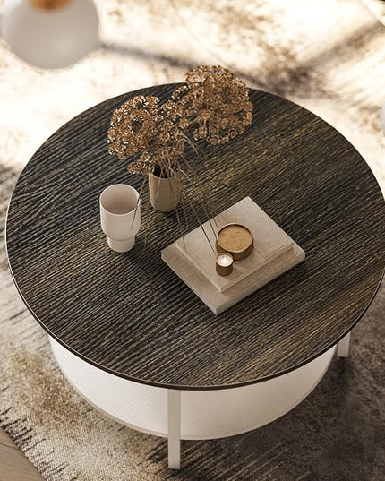 FABATO Round Lift Top Coffee Table with Storage and Hidden Compartment, 26.77'' Farmhouse Coffee Table for Living Room Reception Room, 2 Tier Small Round Coffee Table Circle Dining Table, White - LeafyLoom