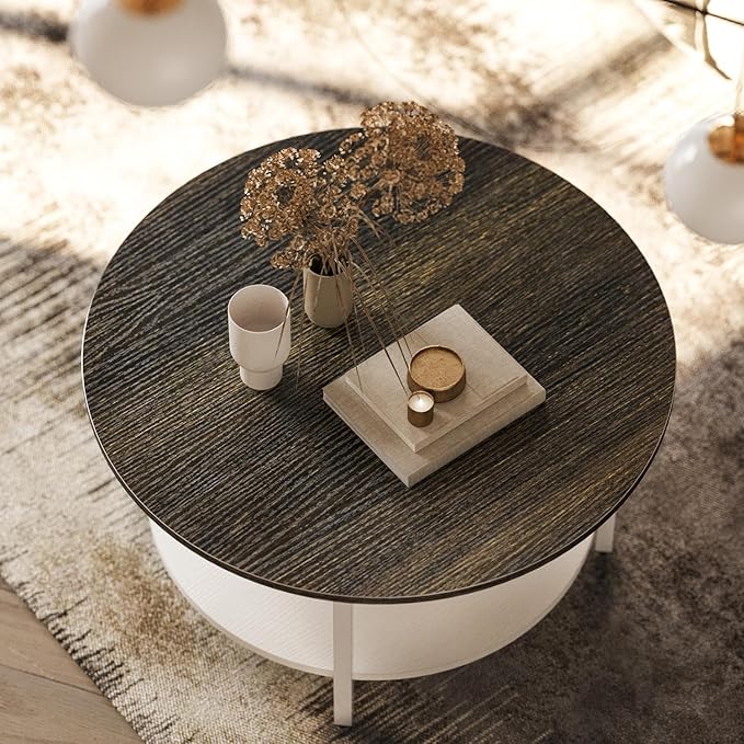 FABATO Round Lift Top Coffee Table with Storage and Hidden Compartment, 26.77'' Farmhouse Coffee Table for Living Room Reception Room, 2 Tier Small Round Coffee Table Circle Dining Table, White - LeafyLoom