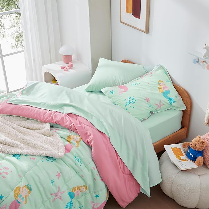 SLEEP ZONE 3 Pieces Comforter Set, Breathable & Super Soft All Season Kids Comforter Set, Cartoon Design for Children, Girls, Easy Care, Washable (Mermaid Princess, Full/Queen) - LeafyLoom