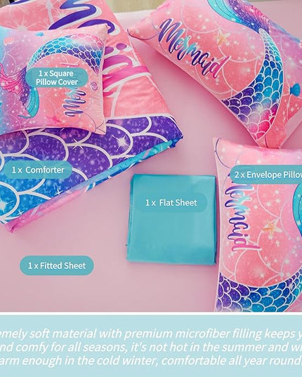 RYNGHIPY Mermaid Kids Girls Comforter Set Twin Size Pink Blue Gradient Fish Tail Bed in a Bag - includes Comforter & Sheet Set for Teens Girls Super Soft Kids Bedding - LeafyLoom