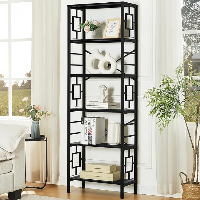 HOMISSUE Tall Bookshelf, Industrial 6-Tier Bookshelf with Unique Design, Open Bookshelves and Bookcases,Black - LeafyLoom