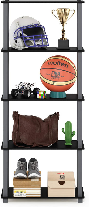 Furinno Turn-N-Tube 5-Tier Multipurpose Shelf / Display Rack / Storage Shelf / Bookshelf, Square Tubes, Black/Grey - LeafyLoom