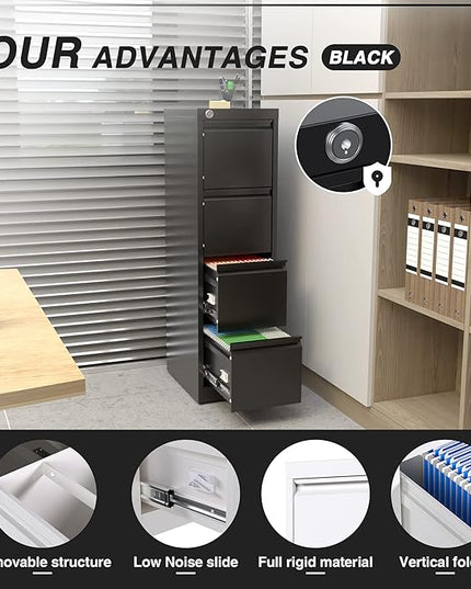 4 Drawer File Cabinet, Vertical Filing Cabinets with Lock, Metal File Cabinets for Home Office A4 Letter/Legal Size, Assembly Required - LeafyLoom