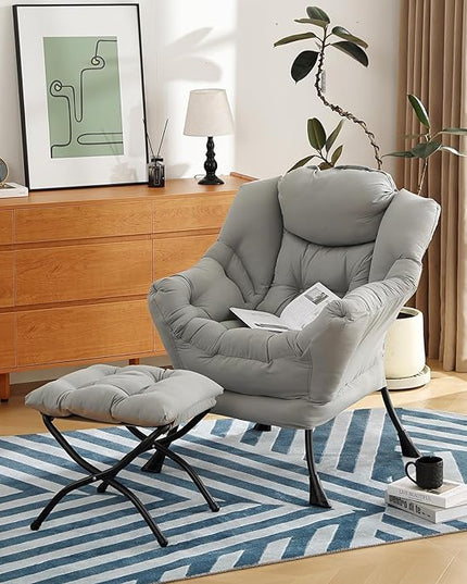 Lazy Chair with Ottoman, Modern Chair with Folding Footrest, Lounge Accent Chair, Comfortable Reading Chair (Peach Light Grey) - LeafyLoom