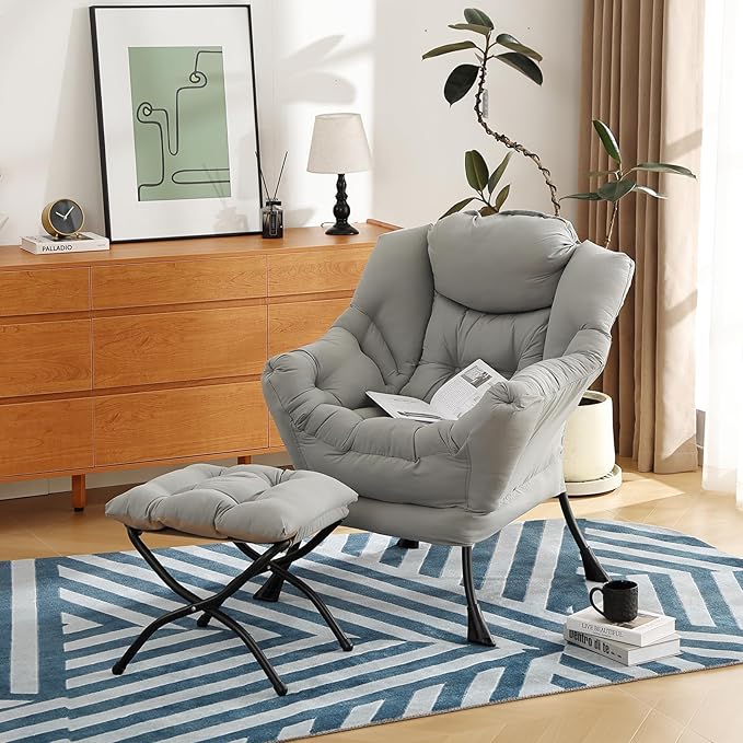 Lazy Chair with Ottoman, Modern Chair with Folding Footrest, Lounge Accent Chair, Comfortable Reading Chair (Peach Light Grey) - LeafyLoom