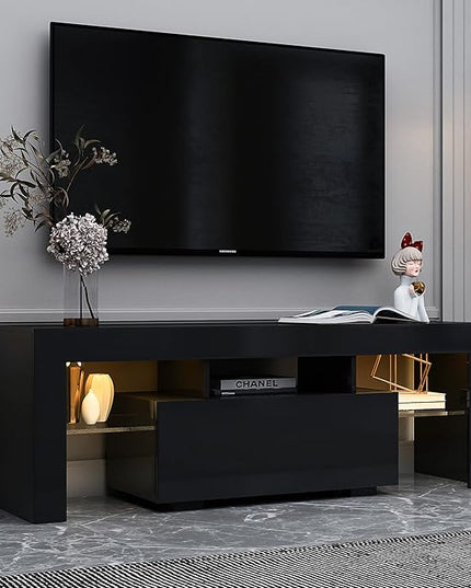 TV Stand Base, Entertainment Center Cabinet with LED Light Media Console for Living Room, Bedroom, 51 Inch, Black - LeafyLoom