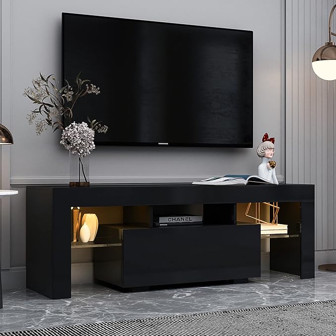 TV Stand Base, Entertainment Center Cabinet with LED Light Media Console for Living Room, Bedroom, 51 Inch, Black - LeafyLoom