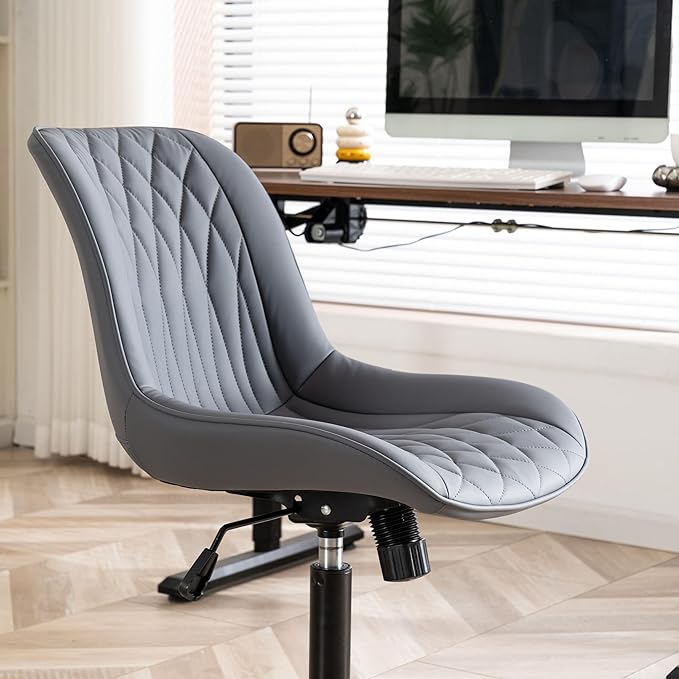 YOUNIKE Desk Chair with Wheels Armless Office Chair Swivel Rolling Task Chair with Back Upholstered Faux Leather Computer Chair Height Adjustable Modern Widened Seat Dusty Blue - LeafyLoom