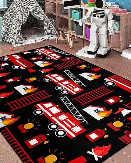Car Play Rug Fire Fighting Truck Area Rug Car Rug Play Mat Kids Rugs for Playroomcar Rug for Boys Room Carpet Floor Mat for Bedroom Living Room,Black 3'×4' - LeafyLoom