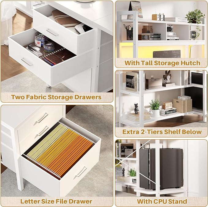 Aheaplus L Shaped Gaming Desk with Hutch, Gaming Desk with Led Lights, Reversible Computer Desk with Power Outlet, Corner Desk with File Drawer & Monitor Stand, Storage Shelves for Home Office, White - LeafyLoom