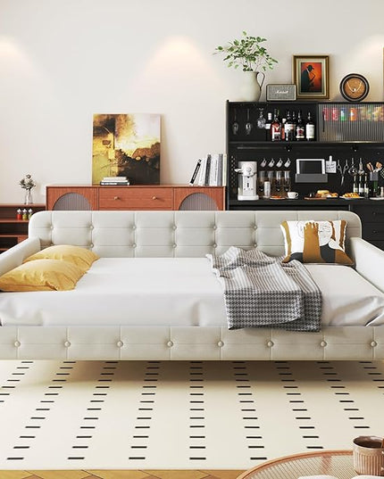 Full Size Velvet Upholstered Dayed with 4 Support Legs,Multifunction Solid Wood Bed Frame,W/A Backrest and Armrests,Easy to Install,for Bedroom Living Room,White - LeafyLoom