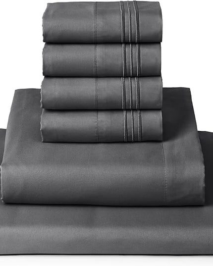 Mellanni California King Sheets Set - 6 PC Iconic Collection Bedding Sheets & Pillowcases - Ultra Soft, Cooling Bed Sheets - Deep Pocket up to 16 inch - 6 PC (Cal King, Gray w/Extra Pillow Cases) - LeafyLoom