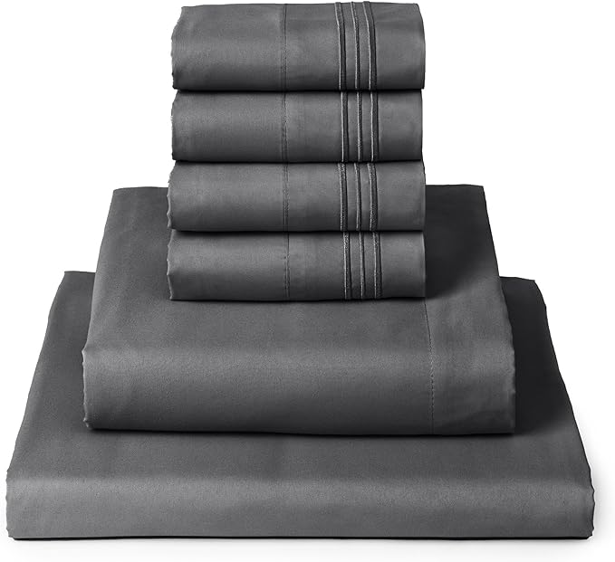 Mellanni King Sheets Set - 6 PC Iconic Collection Bedding Sheets & Pillowcases - Hotel Luxury, Ultra Soft, Cooling Bed Sheets - Deep Pocket up to 16 inch - 6 PC (King, Gray w/Extra Pillow Cases) - LeafyLoom