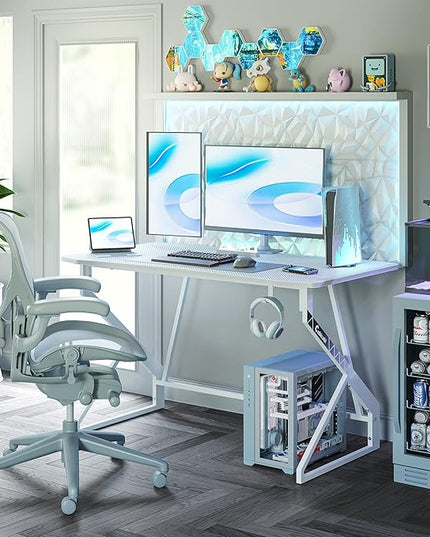 CubiCubi Simple Gaming Desk Z Shaped 40 inch Gamer Workstation, Home Computer Carbon Fiber Surface Gaming Desk PC Table with Headphone Hook, White - LeafyLoom