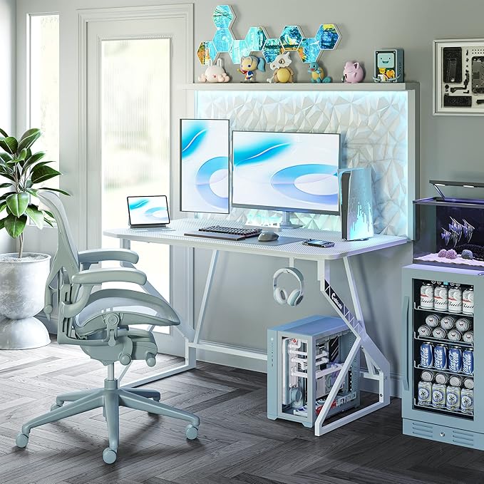 CubiCubi Simple Gaming Desk Z Shaped 40 inch Gamer Workstation, Home Computer Carbon Fiber Surface Gaming Desk PC Table with Headphone Hook, White - LeafyLoom