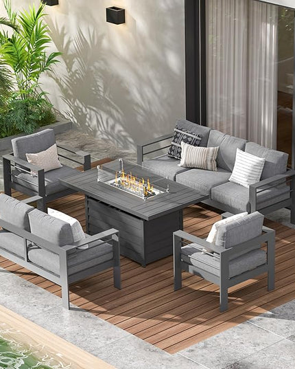 Wisteria Lane 5 Piece Aluminum Outdoor Patio Furniture Set with 54 Inch Propane Gas Fire Pit Table, Modern Patio Conversation Sets with Outdoor Sectional Couch for Backyard, Garden, Dark Grey - LeafyLoom