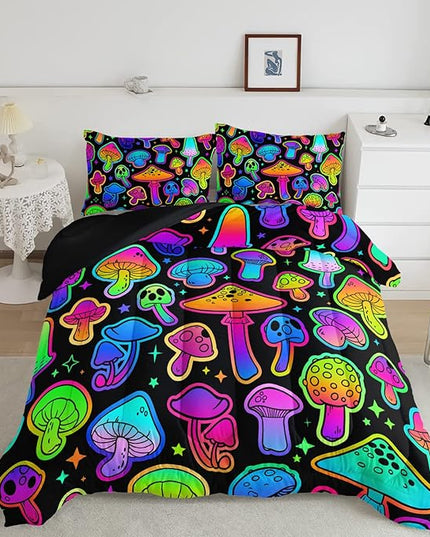 Mushroom Comforter Set Kids Bedding Set Full,3Pcs Colorful Soft Black Gradient Mushroom Quilt Set Bed in A Bag with 1 Comforter 2 Pillowcases for Kids Boys Girls Teens Adults Room Decor All Season - LeafyLoom