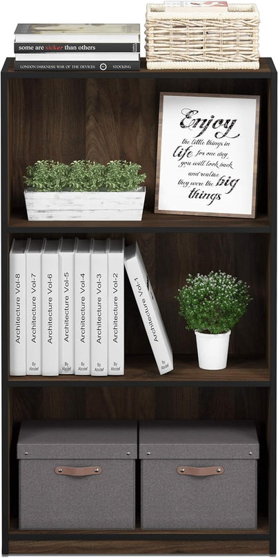 FURINNO Basic 3-Tier Bookcase Storage Shelves, Columbia Walnut - LeafyLoom