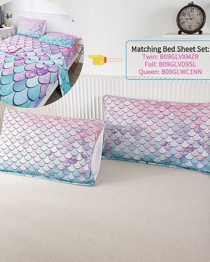RYNGHIPY 2Pcs Colorful Mermaid Scale Print Comforter Bedding Set Twin Size, Soft Microfiber Coverlet Set/Bedspread/Quilt Set with Colorful Scale Design (Mermaid,Twin) - LeafyLoom