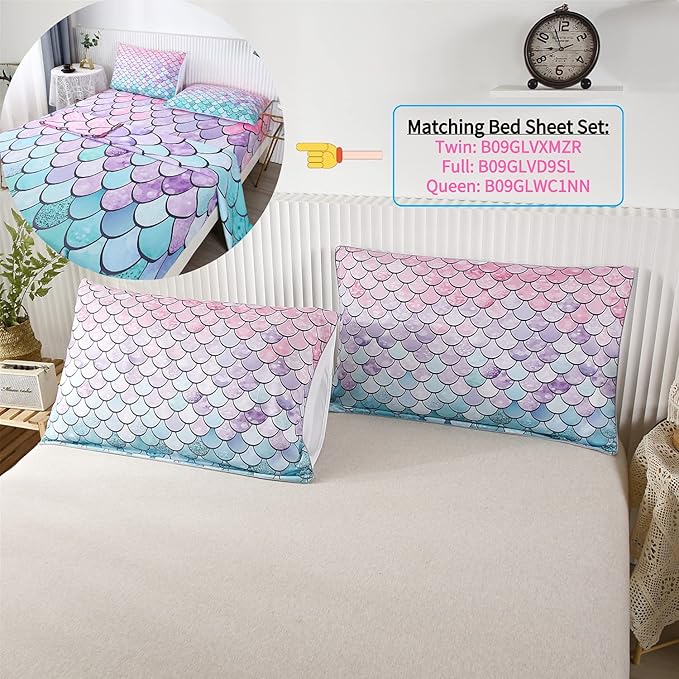 RYNGHIPY 2Pcs Colorful Mermaid Scale Print Comforter Bedding Set Twin Size, Soft Microfiber Coverlet Set/Bedspread/Quilt Set with Colorful Scale Design (Mermaid,Twin) - LeafyLoom