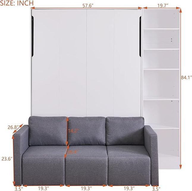 Merax, White Full Size Murphy Bed Wallbed with Sofa,Side Storage Shelves,Space Saving,for Guest Living Room - LeafyLoom