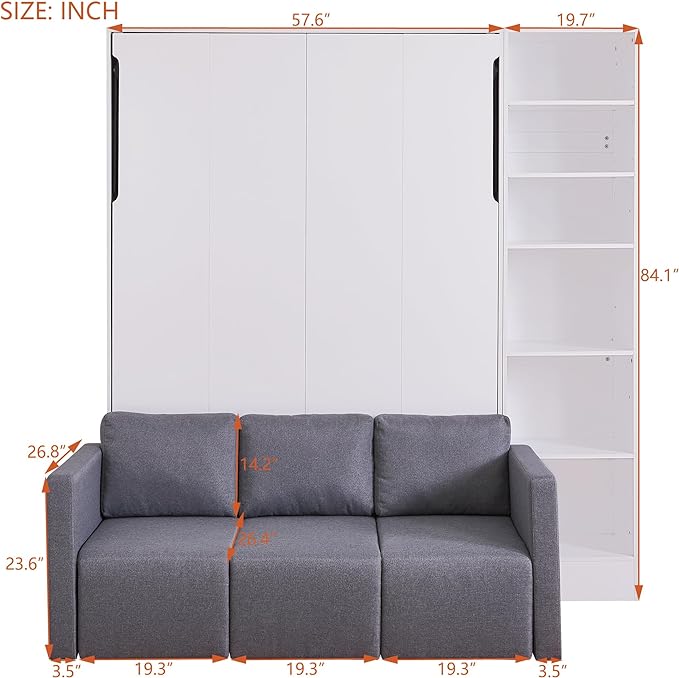 Merax, White Full Size Murphy Bed Wallbed with Sofa,Side Storage Shelves,Space Saving,for Guest Living Room - LeafyLoom