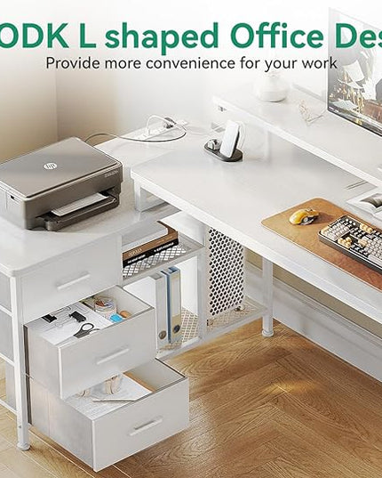 AODK 70 Inch L Shaped Computer Desk with Power Outlets & USB Charging Ports, Reversible L-Shaped Corner Desk with Drawers & Monitor Stand, Home Office Workstation with Storage Cabinet, White - LeafyLoom