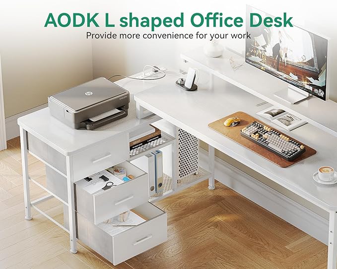 AODK 70 Inch L Shaped Computer Desk with Power Outlets & USB Charging Ports, Reversible L-Shaped Corner Desk with Drawers & Monitor Stand, Home Office Workstation with Storage Cabinet, White - LeafyLoom