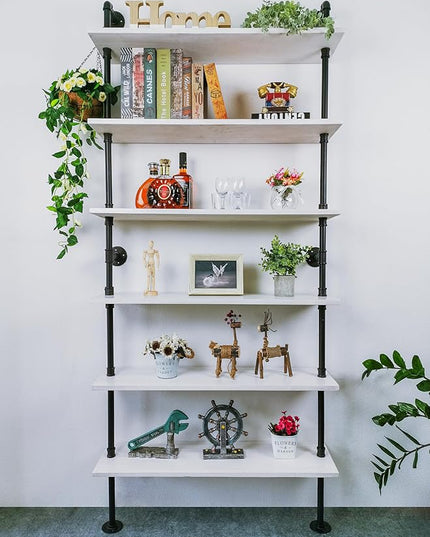 6 Tier Industrial Ladder Shelf Bookcase, Wall Mounted Rustic Bookshelf for Living Room Decor and Storage (White, 6 Tier - 10" D x 36" W x 82.5" H) - LeafyLoom