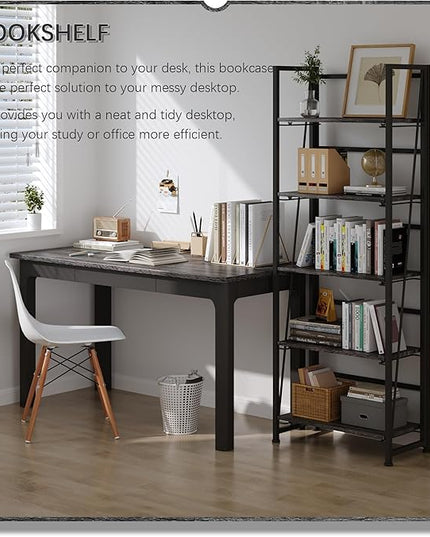 4NM No-Assembly Folding Bookshelf Storage Shelves 5 Tiers Vintage Bookcase Standing Racks Study Organizer Home Office (Gray) - LeafyLoom