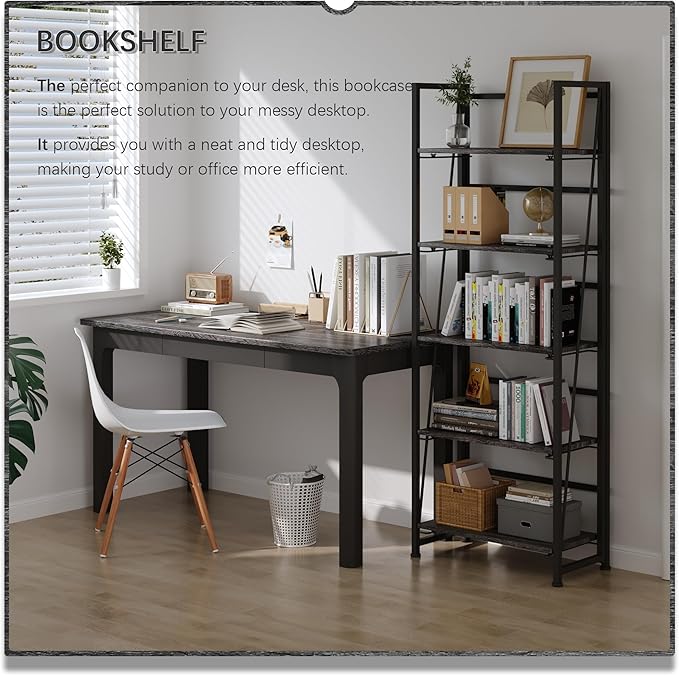 4NM No-Assembly Folding Bookshelf Storage Shelves 5 Tiers Vintage Bookcase Standing Racks Study Organizer Home Office (Gray) - LeafyLoom