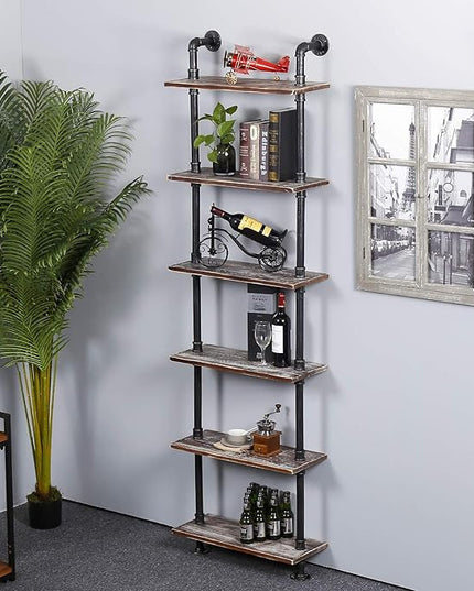 Diwhy 24”width Industrial Pipe Shelves Rustic Modern Wood Ladder Bookcase with Metal Frame,Pipe Wall Shelf,Wood Storage,Home Decor,Display Shelving,Retro Floating Wood Shelving,6 Layer Bookshelf - LeafyLoom
