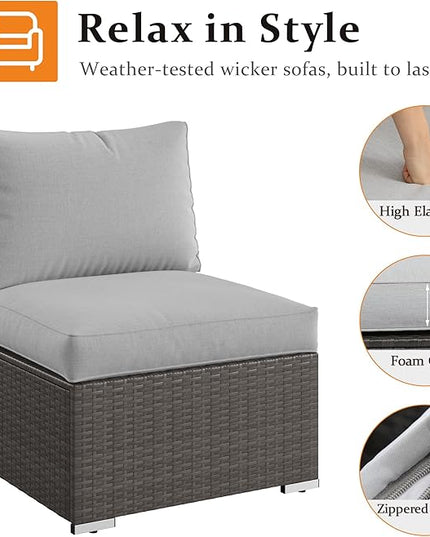 Wisteria Lane 2 Pieces Patio Furniture Sets, Outdoor Sectional Furniture with Armless Sofa, Tempered Glass Table and Cushion, Patio Conversation Sets for Garden Backyard, Grey - LeafyLoom