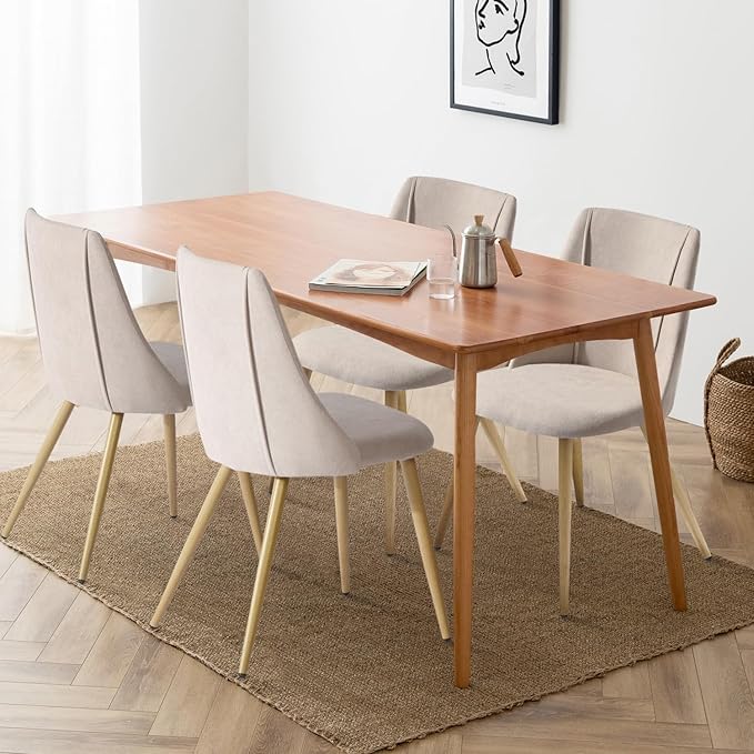 FurnitureR Dining Chairs Set of 2, Fabric Side Chairs Upholstered Living Room Accent Chair with Soft Seat/Metal Legs, Mid-Back Armless Chairs for Home Kitchen Restaurant, Beige - LeafyLoom