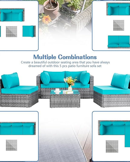 Shintenchi 5 Pieces Outdoor Patio Sectional Sofa Couch, Silver Gray PE Wicker Furniture Conversation Sets with Washable Cushions & Glass Coffee Table for Garden, Poolside, Backyard (Blue) - LeafyLoom