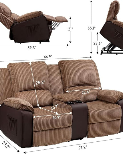 COMHOMA Double Reclining Sofa Chair, Power Lift Recliner Chair Loveseat with Storage Console, Recliner Sofa with Cup Holders Living Room Furniture (2 Seater) - LeafyLoom