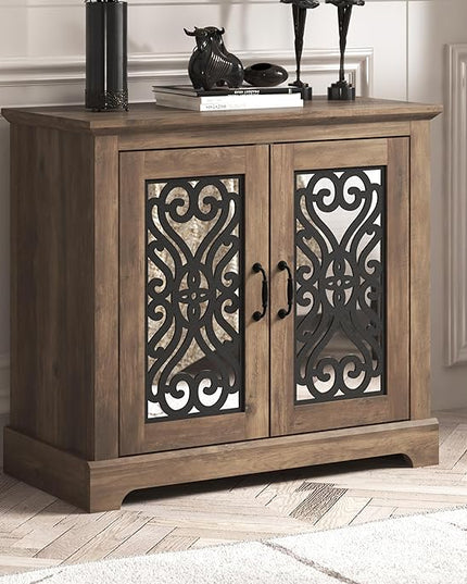 Galano Calidia 2 Door Sideboard, Kitchen Storage Sideboard Buffet Cabinet Console with Acrylic Mirror Doors & Adjustable Shelves, 15.67" D x 32.36" W x 29.29" H, Knotty Oak - LeafyLoom